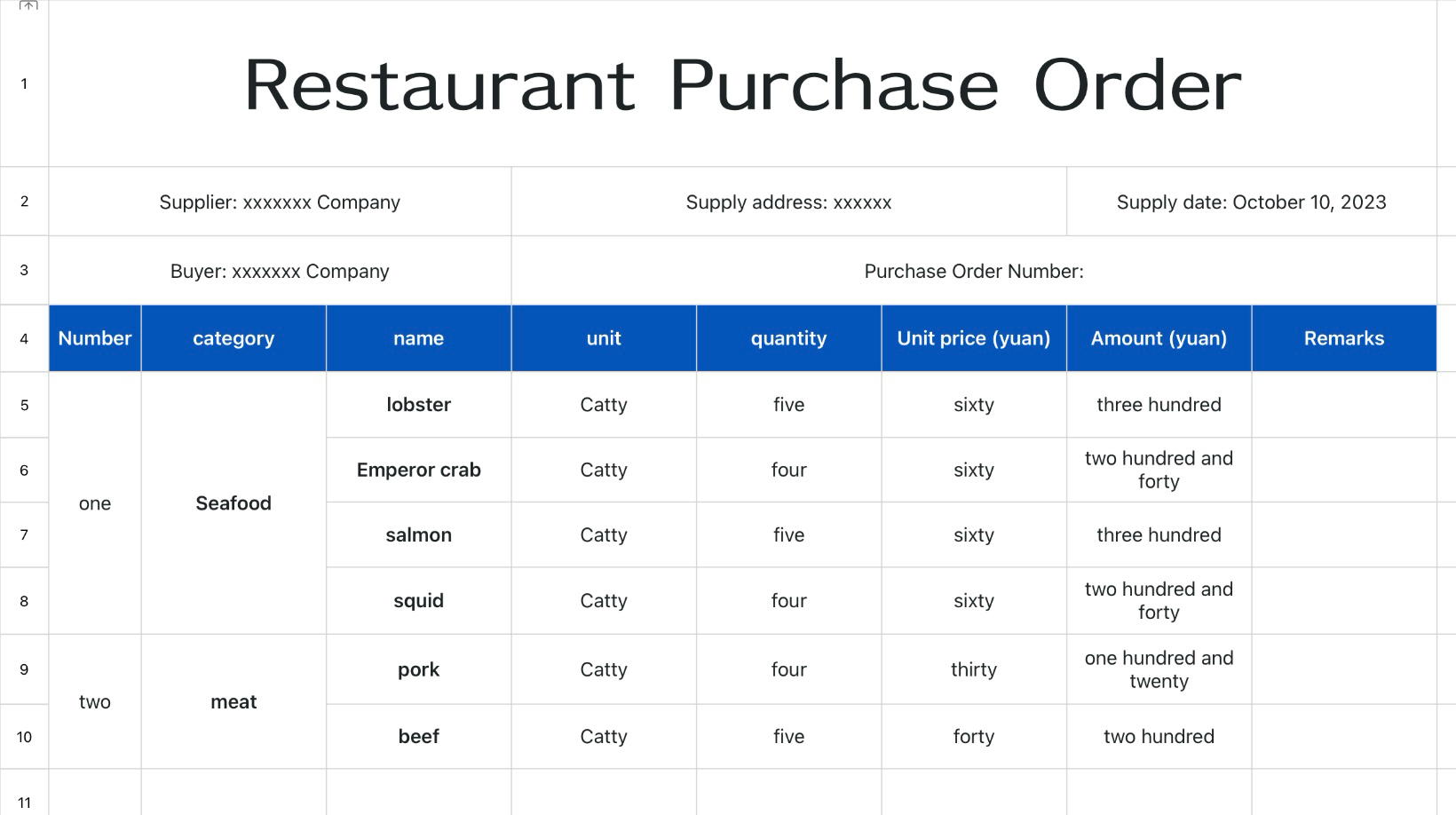 Restaurant purchase order 1